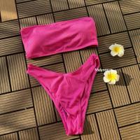 ราคา พร้อมส่ง บิกินี่เกาะอก ผ้าร่อง แบบสวม กางเกงทรงไฮคัท เอวสูง สีชมพูเข้ม (27961783171)