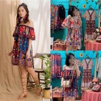ราคา เดรสสั้นสไตล์โบฮีเมี่ยน เดรสเกาะอก มินิเดรสสั้นพิมพ์ลายมีสองสีเลยค่ะจัดไป (15549365310)