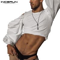 ราคา INCERUN Men Western Style Fashion Off Shoulder Puff Long Sleeve Crop Tops (14736326690)
