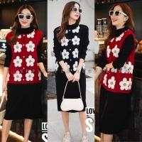 ราคา Set 2 pcs เดรสไหมพรมแขนยาวงานผ้าร่องคอปีนเนื้อนุ่ม มาพร้อมเสื้อกั๊กทอลายดอกไม้น่ารัก (26171182247)