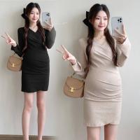 ราคา AA4404 ชุดเดรสคลุมท้องแฟชั่น ผ้ายืดร่อง แขนยาว (43074245326)