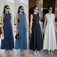 ราคา เดรสยาวยีนส์คอกลมแขนกุดแต่งกระดุมหน้าเพชร (48551233110)