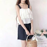 ราคา ชุดเซท2ชิ้น เสื้อสายเดี่ยวใหญ่ระบายหน้าซิปหลัง+กางเกงขาสั้นเอวสม็อค สีดำ (6820032658)