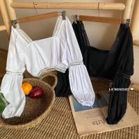 ราคา เสื้อคอเหลี่ยมแขนยาวเย็บต่อผ้าแก้วซีทรูยางยืด แขนจั๊มพ์เป็นทรงดอลลี่พองๆ ผ้าคอตตอน (3416280686)