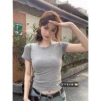 ราคา Hot Girl สีเทาไหล่แขนสั้นเสื้อยืดผู้หญิงฤดูร้อน 2025 Classy Slim-Fit Slimmer ดู (40159921771)