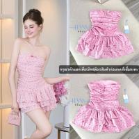 ราคา งานป้าย FLYNN เดรสออกงานสีชมพู เดรสสั้นเกาะอกจับย่น ตกแต่งโบว์ กระโปรงระบายชั้นๆทรงสวย (47551426180)