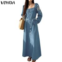 ราคา Vonda ชุดเดรสยีนส์เทียมแขนยาวแบบคอวี สไตล์ลำลองสำหรับผู้หญิง (46950751554)