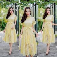 ราคา เสื้อผ้าแฟชั่น เดรสลูกไม้ออกงาน เดรสลูกไม้สีเหลือง ชุดสีเหลือง พร้อมส่ง (24784344767)