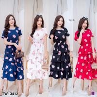 ราคา PP13412 แม็กซี่เดรสทรงขรมชั้น แขนสั้น ผ้าพิมพ์ลายดอกกุหลาบ (5446483415)