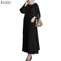 ราคา ZANZEA ผู้หญิงแฟชั่นเกาหลีมุสลิมแขนยาวโคมไฟ Splicing Contrast สีจีบถักชุด (42523369000)