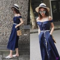 ราคา Maxi Dress เดรสยีนส์เที่ยมทรงสายเดี่ยวแต่งปกปาดไหล่ งานยีนส์ฟอกสีเข้ม ติดกระดุมหน้า (1085399711)