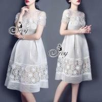 ราคา Sevy Flonce’ Short Sleeve Hallow Lace Mini Dress (59716103)