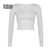 ราคา VesGlory ผู้หญิง Crop Top ใหม่แฟชั่นสีทึบ Bowknot แขนยาว Squre คอ Slim Fit เสื้อยืด (25352304340)