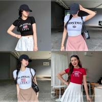 ราคา เสื้อยืดสีขาว เสื้อครอปยืดรัดรูปแขนสั้น สกรีนลาย แขนสั้นสีขาวรัดนม. (23586889054)