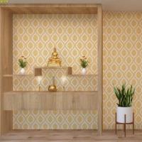 ราคา วอลเปเปอร์ติดผนัง ลายไทย ตกแต่งห้องพระ ลายพุ่มข้าวบิณฑ์ (สีทองพื้นขาว) (9354176512)