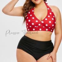 ราคา ชุดว่ายน้ำทูพีชสาวพลัสไซส์ 2 ชิ้น บราบนเป็นแบบผูกคอลายจุดสีแดง+กางเกงสีดำขาเว้าเอวสูง(A417) (18628422958)