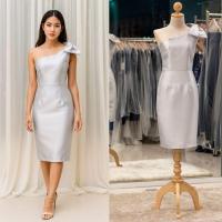 ราคา ชุดราตรีสั้น ชุดแซก ชุดราตรีสีเทาเงิน ไหล่เดียว มีโบว์ประดับไหล่เก๋ๆ เรียบหรูเหมาะใส่ออกงาน งานคอกเทล (27492232330)
