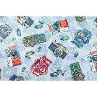 ราคา [SALE] ผ้าเมตร ผ้าคอตตอน ผ้าฝ้ายแท้ 100% ลายกล้องถ่ายรูป ฟิล์ม กล้องโบราณ Film Camera บนพื้นเฉดเทาน้ำเงิน [PFQ639] (8229374666)