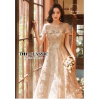 ราคา พร้อมส่ง เดรสออกงานระบายอก ปักเลื่อมและมุก โทรสีทอง (18065437292)