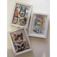 ราคา ภาพวาดหมา/ภาพแมว/ภาพวาดรูปสัตว์/ภาพวาดสีน้ำ ขนาด5x7 นิ้ว พร้อมกรอบสวยงาม วาดมือ ตั้งได้ ห้อยได้ (21394187073)