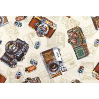 ราคา [SALE] ผ้าเมตร ผ้าคอตตอน ผ้าฝ้ายแท้ 100% ลายกล้องถ่ายรูป ฟิล์ม กล้องโบราณ Film Camera บนพื้นสีน้ำตาล [PFQ6401] (7493400235)