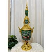 ราคา หัวโขน ทศกัณฐ์ ขนาดสวมแสดง งานกระดาษ ปิดทองเค ประดับเพชรคริสตัล พร้อมฐานไม้อัดสีแดงฟรี ของตกแต่งบ้าน ของขวัญ khon mask (58000238428)