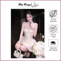 ราคา เดรสลูกไม้คล้องคอพีชดีไซน์เอวเว้าสั้น - เนื้อผ้าไหมชีฟองลายนูน ฝีมือร่วมทรงกระโปรงบาน (41555178268)