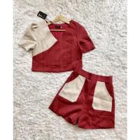 ราคา งานป้าย Nana มือ 1 ชุดเซ็ท 2 ชิ้น สีทูโทน แดง+ครีม เสื้อคอวี แขนสั้น ทรงครอป+กางเกงขาสั้น Sz.M (16300247591)