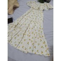 ราคา ส่งฟรีพร้อมส่งเดรสปาดไหล่ลายเชอรี่เหลืองใหม่มาก (5184740503)