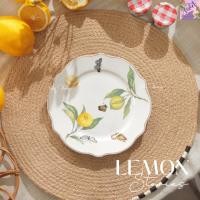 ราคา Violet Flamingo จานเซรามิคขอบหยักลายเลมอนขอบทอง Lemon Collection จานแบน จานขนมแสนน่ารัก ขนาด 19 และ 21 cm. (21751637921)