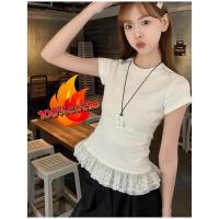 ราคา 100%cotton เสื้อยืดแขนสั้น เสื้อลูกไม้ คอกลมลายลูกไม้สีขาวสำหรับผู้หญิง แฟชั่นสาวๆสไลต์สาวเกาหลี (26282403482)