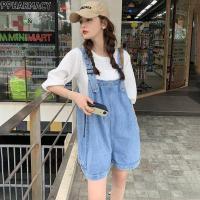 ราคา เอี๊ยมยีนส์ขาสั้น ทรง oversize ปรับสายได้ ยีนส์แท้ไม่ยืด สีกลาง (24136844356)