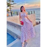 ราคา Maxi dress เดรสสายเดี่ยวไข่มุกเว้าเอวลายดอกกุหลาบ (25124685367)