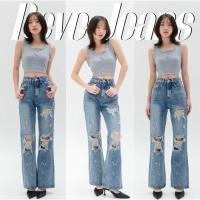 ราคา Bave Jeans 51399 กางเกงยีนส์ทรงกระบอกดีเทลปลายขาม้า เอวสูงสีฟอกซีดไล่สี ดีเทลพ่นสีปลายขาสุดเก๋ (24459246950)
