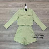 ราคา ชุดเซต 2 ชิ้น จั้มสูทกางเกงสายเดี่ยว เสื้อคลุม ผ้าทวิต สีเขียว ไซส์ L มือ 2 งานป้าย LA LA BELLE ลาลาเบลล์ (24763338071)
