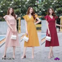 ราคา GN13475 **รบกวนสอบถามก่อนสั่งซื้อจ้า** แม็กซี่เดรสคอวีแขนระบาย จับจีบทวิสใต้อก ผูกโบว์หลัง (3256586216)