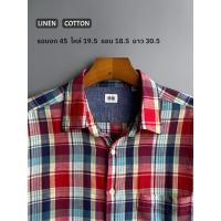 ราคา UNIQLO เสื้อเชิ้ตมือสอง แขนยาวสามส่วน | ผ้า linen + cotton ลายสก๊อต (43000070834)