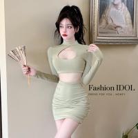 ราคา ชุดเดรสแขนยาวคอเต่า ชุดเดรสสีเขียวแขนยาวเว้าอกเข้ารูป เซ็กซี่ แฟชั่นสไตล์เกาหลี F-078 (23831869556)