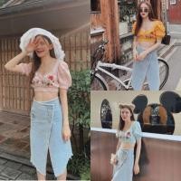 ราคา เสื้อครอปแขนพองตุ๊กตา เสื้อครอปลูกไม้คอเหลี่ยม coptop (2463026765)