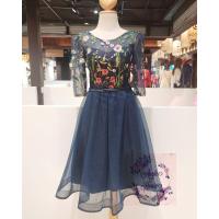 ราคา ชุดราตรี ชุดออกงานสั้นสีกรมท่า แขนยาว 3/4 ส่วน ลายดอกไม้ (23185154343)