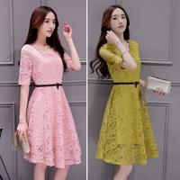 ราคา ชุดคนอ้วน เดรสออกงานไซส์ใหญ่ ผ้าลูกไม้แขนสั้น คลุมเข่า พร้อมเข็มขัด(สีชมพู)(สีเหลืองไพร) (805284772)