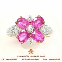 ราคา แหวนพลอยทับทิมประดับเพชรสวิส ตัวเรือนทองคำแท้ 90% ดีไซน์ดอกไม้ พลอยแท้ ทองแท้ มีใบรับประกันจากทางร้ (26973517379)