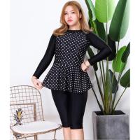 ราคา ชุดว่ายน้ำคนอ้วน ทูพีชพร้อมส่ง:แขนยาวแบบสปอร์ตสีดำแต่งลายจุดสีขาวและระบายชายเสื้อset 2ชิ้นมีเสื้อและกางเกงแบบสวยมากๆจ้า (29528895030)