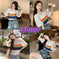 ราคา JJ shop พร้อมส่ง เสื้อถัก ไหมพรม แขนชีฟองดีเทลคอหยัก ลายทางสีรุ้ง "C632-1" -C (22668198753)
