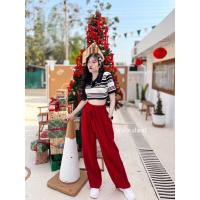 ราคา กางเกงตีเกล็ดหน้า กางเกงขายาว เอวสูง ขอบเอวเรียบหนา มีเชือกผูก (22261195733)