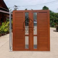 ราคา ประตูไม้สักบานคู่ทรงโมเดิร์นครึ่งกระจกสีสักทอง รหัส M1 (20171558251)