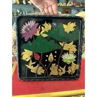 ราคา ถาดไม้ถมทอง ถาดไม้เก่า สลักลายถมทอง (ตำหนิตามภาพ) (28841020781)