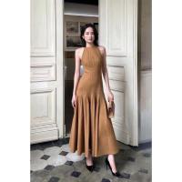 ราคา Nuchi Style ชุดเดรสหรูใส่ออกงาน เดรสแขนกุด สีน้ำตาล ตัวยาวแต่งลายเส้น กระโปรงพริ้วสวยหรู Pisamai (26285846033)