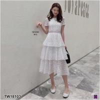 ราคา เดรสยาว กระโปรงระบายชั้น ผ้าลูกไม้ เดรสลูกไม้ แขนสั้น ชุดทำบุญ ไปงานบวช เสื้อผ้าแฟชั่น 18103 (18269982113)