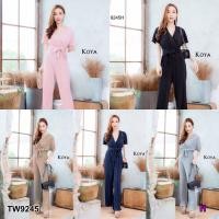 ราคา (เช็คของก่อนโอนเงิน) Jumpsuit จั๊มสูทขายาวอกไขว้อัดพลีท 9245 (6717658748)